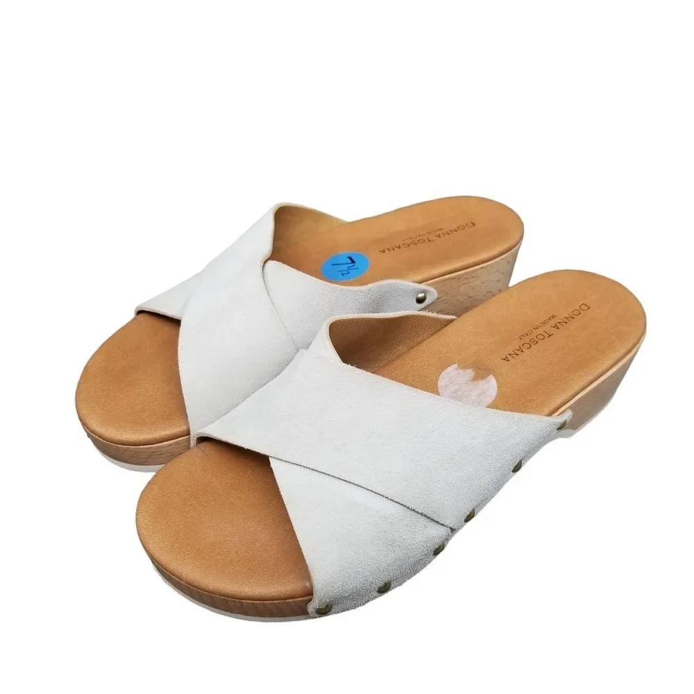 Donna Toscana Wood Platform Slide Sandals Womens White Leather Italian Size 7.5 - Picture 7 of 12